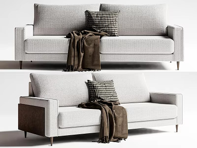 Modern Two Seater Sofa With Light Gray Upholstery Plaid Cushion Brown Blanket And Metal Legs 3d model