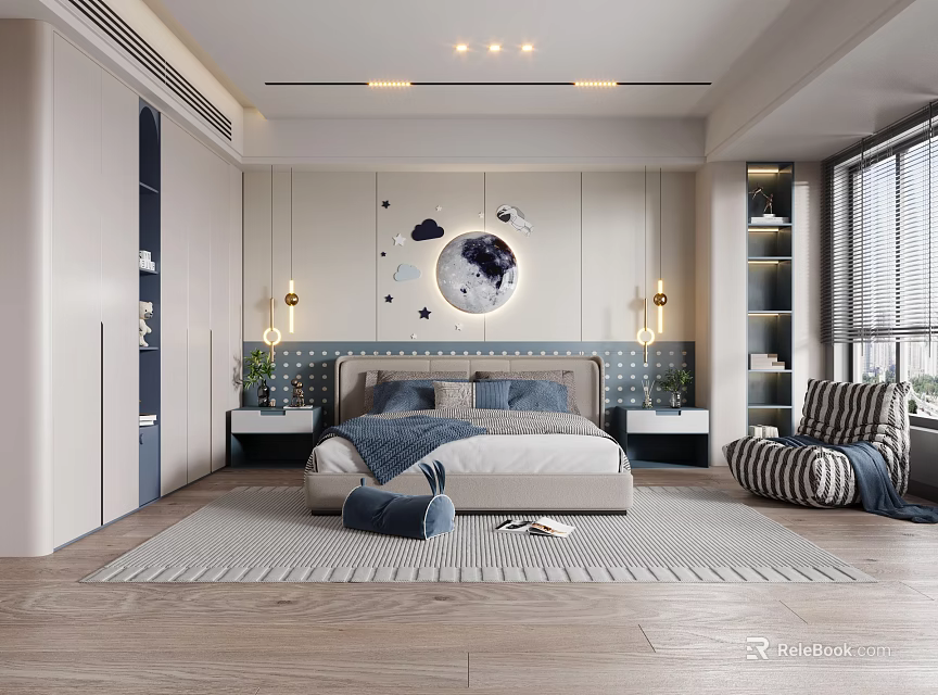 Modern Kids Room Interior With Cloud Decorations Round Mirror Bed And Striped Chair 3d model 