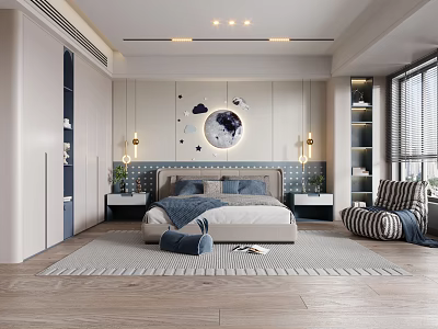 Modern Kids Room Interior With Cloud Decorations Round Mirror Bed And Striped Chair 3d model