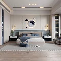Modern Kids Room Interior With Cloud Decorations Round Mirror Bed And Striped Chair