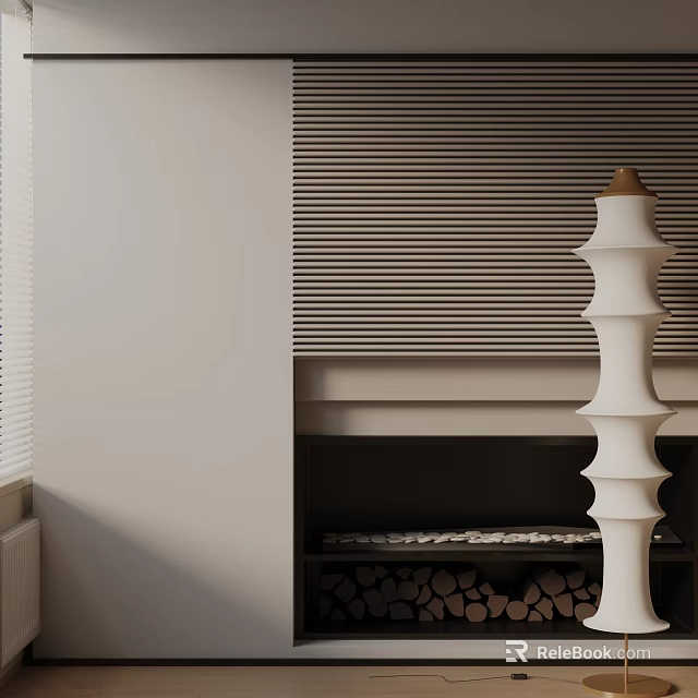 Modern White Tiered Floor Lamp in Cozy Living Room with Striped Wallpaper and Stacked Firewood 3d model 