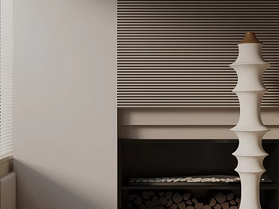 Modern White Tiered Floor Lamp in Cozy Living Room with Striped Wallpaper and Stacked Firewood 3d model