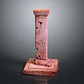 Ancient Red Stone Architectural Column With Intricate Carvings And Square Base