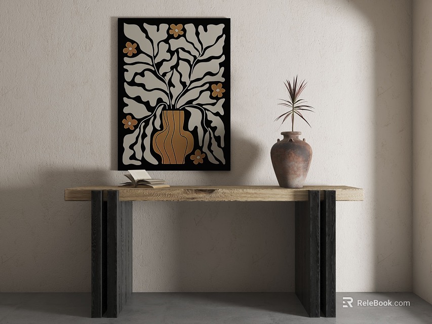 Wooden Console Table With Black Legs Featuring Terracotta Plant Book And Floral Leaf Wall Art 3d model 