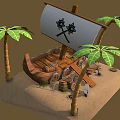 Cartoon Pirate Beach Scene with Wooden Boat Palm Trees and Barrels on Sand