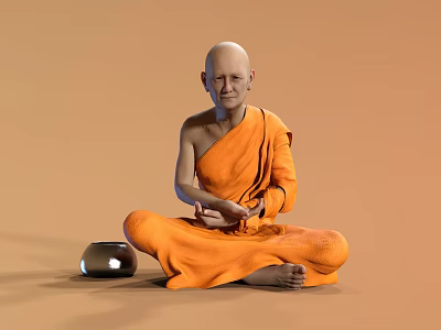 Man in orange Buddhist robe sitting cross-legged with folded hands and metal alms bowl 3d model
