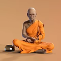 Man in orange Buddhist robe sitting cross-legged with folded hands and metal alms bowl