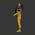 Space Character In Yellow Protective Suit With Helmet Gloves And Backpack Equipment