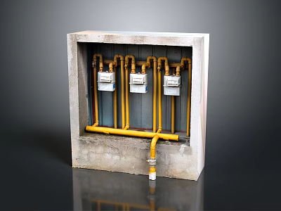 Residential Yellow Pipes Installation With White Meters In Concrete Enclosure 3d model