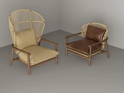 Two Modern Single Sofas With Rattan Backrest Wooden Frame And Beige Brown Cushions 3d model