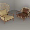 Two Modern Single Sofas With Rattan Backrest Wooden Frame And Beige Brown Cushions