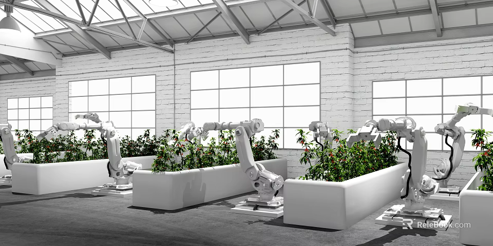Robotic Arms Growing Plants Indoors With White Planter Boxes Industrial Brick Walls And Large Windows 3d model 