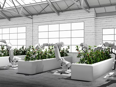 Robotic Arms Growing Plants Indoors With White Planter Boxes Industrial Brick Walls And Large Windows 3d model
