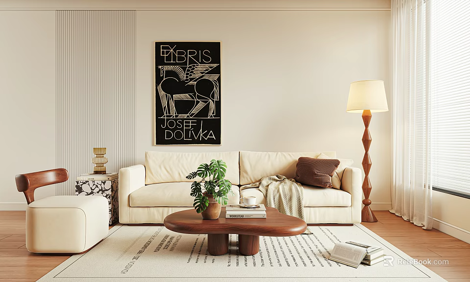 Beige Sofa and Wooden Coffee Table Set with Green Plant Books Floor Lamp Wall Art 3d model 
