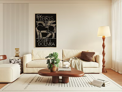 Beige Sofa and Wooden Coffee Table Set with Green Plant Books Floor Lamp Wall Art 3d model