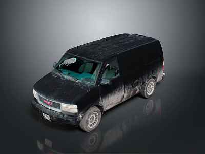 Dirty Black GMC Van With Muddy Body And Broken Windshield 3d model