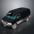 Dirty Black GMC Van With Muddy Body And Broken Windshield 3d model