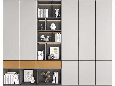 Modern Decorative Cabinet With Gray Gold Finish Open Shelves And Ornaments 3d model