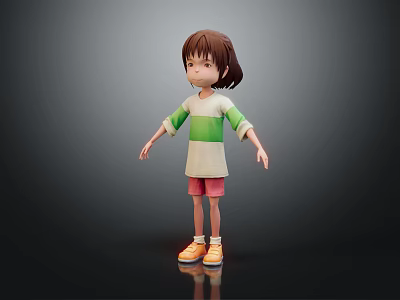 3D Render Girl Standing in Green White Striped Shirt Pink Shorts and Yellow Orange Shoes 3d model