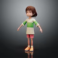 3D Render Girl Standing in Green White Striped Shirt Pink Shorts and Yellow Orange Shoes