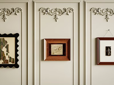 Decorative Wall Panel With Ornate Moldings And Three Framed Artworks Hanging 3d model