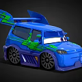 Vibrant Blue Cartoon Style Race Car With Expressive Eyes Roof Spoiler And Green Accents