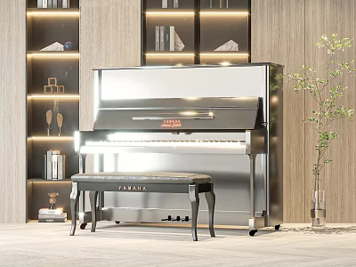 Stylish Piano Room With Silver Piano Black Bench Lit Bookshelves Wooden Walls And Green Plant 3d model
