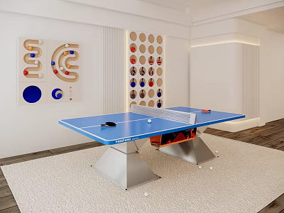 Blue Ping Pong Table as Indoor Sports Equipment with Racket Balls and Decorative Wall Panels 3d model