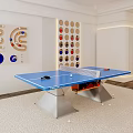 Blue Ping Pong Table as Indoor Sports Equipment with Racket Balls and Decorative Wall Panels