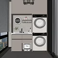 Home Balcony with Stacked Washer Dryer Storage Cabinets Sink Counter and Potted Plant