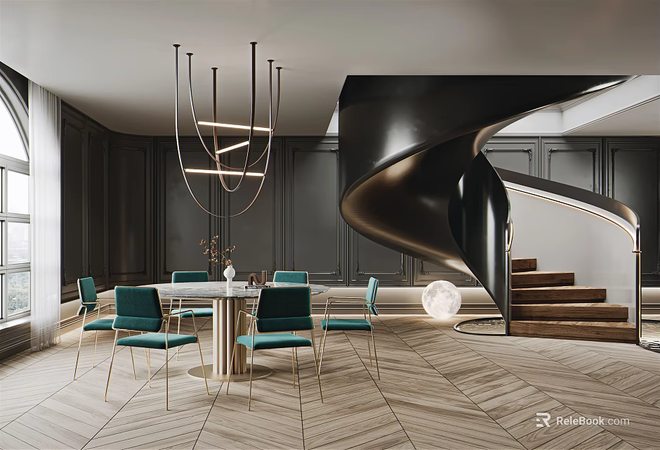 Modern Restaurant Interior With Round Dining Table Green Chairs And Black Spiral Staircase 3d model 