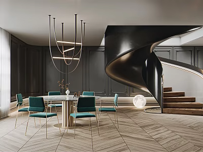 Modern Restaurant Interior With Round Dining Table Green Chairs And Black Spiral Staircase 3d model