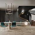 Modern Restaurant Interior With Round Dining Table Green Chairs And Black Spiral Staircase