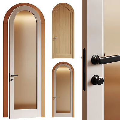 Modern Wooden Swing Doors With Arched Frame And Black Metal Handles 3d model