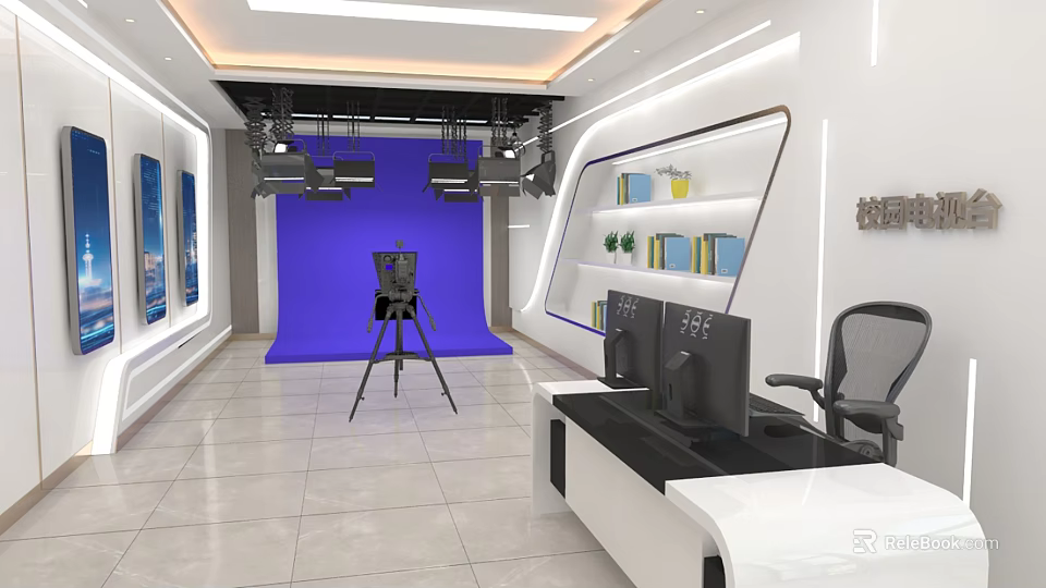 Modern Professional Broadcasting Studio With Blue Chroma Key Shooting Equipment And Functional Control Workstation 3d model 