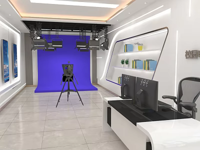 Modern Professional Broadcasting Studio With Blue Chroma Key Shooting Equipment And Functional Control Workstation 3d model