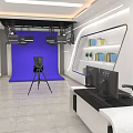 Modern Professional Broadcasting Studio With Blue Chroma Key Shooting Equipment And Functional Control Workstation