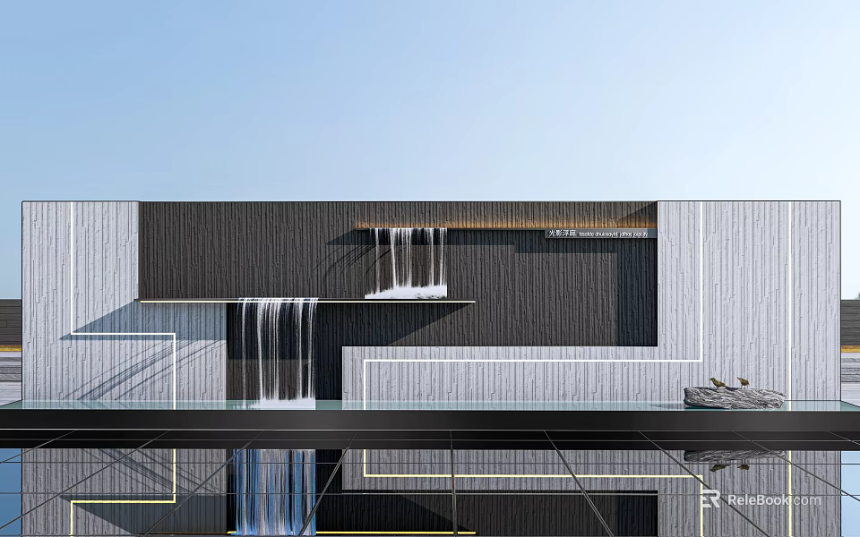 Modern Scenic Wall Design With Waterfall Feature And Layered Black White Panels 3d model