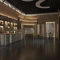 Spacious Museum Hall Interior With Glass Display Cases Yellow Ropes And Dark Floor