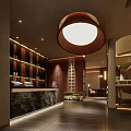 Elegant Modern Restaurant Interior With Wooden Screen Pendant Lights And Green Plants