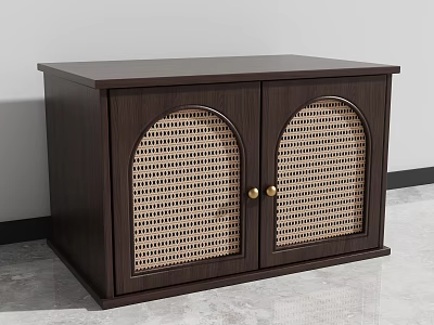 Dark Brown Storage Cabinet With Rattan Doors And Brass Handles 3d model
