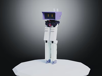 3D Robot Character With Purple Head Yellow Eyes White Body Standing On White Hexagonal Platform 3d model