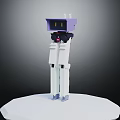 3D Robot Character With Purple Head Yellow Eyes White Body Standing On White Hexagonal Platform