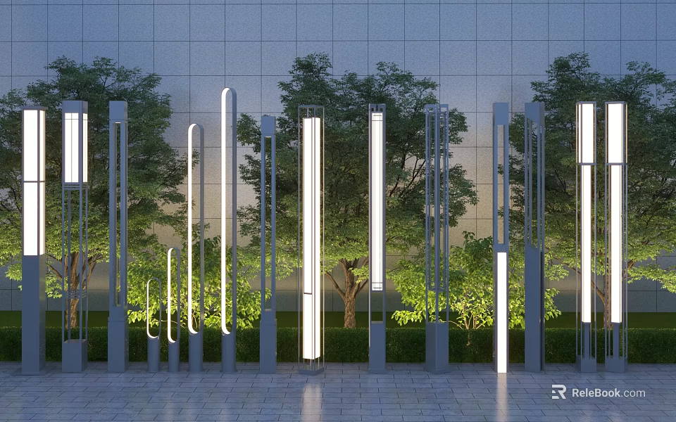 Modern Outdoor LED Lights For Garden Courtyard With Trees And Building Background 3d model 