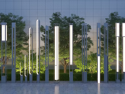 Modern Outdoor LED Lights For Garden Courtyard With Trees And Building Background 3d model