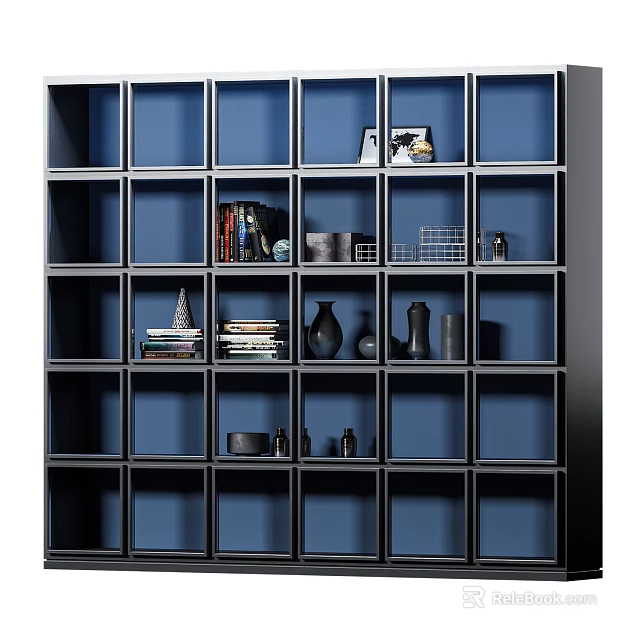 Modern Open Bookcase With Blue Backdrop Multiple Compartments Books And Decorative Vases 3d model