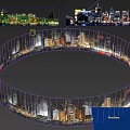 Scenic Urban Night Landscape With Illuminated Skyscrapers Circular Lights And Water Reflections