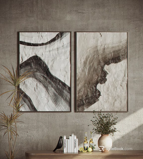 Modern Abstract Diptych Paintings in Black White Beige Tones Textured Wall Decor with Green Plants 3d model 
