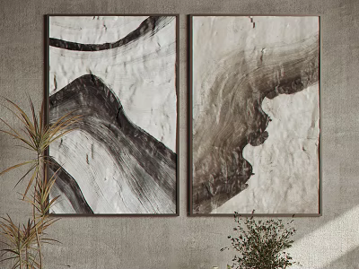 Modern Abstract Diptych Paintings in Black White Beige Tones Textured Wall Decor with Green Plants 3d model