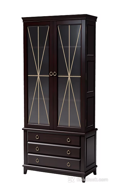 Dark Brown Bookcase with Double Doors and Gold Line Details Bottom Drawer with Round Handles 3d model 